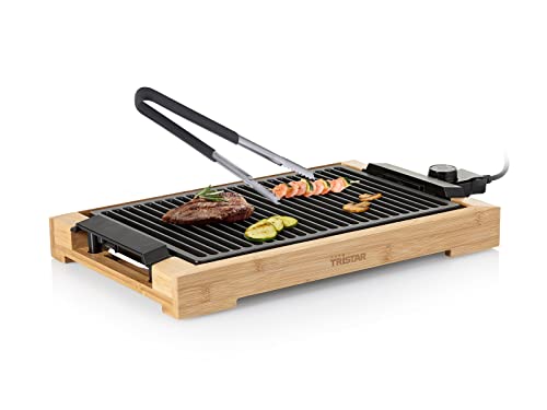 Tristar Fun Cooking Barbecue électrique de table et pince à barbecue - Boîtier en bambou - Bac récupérateur de graisse - Surface de cuisson : 37 x 25 cm - 2000 W