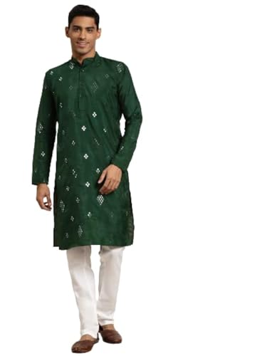 Image of SOJANYA (Since 1958 Men's Cotton Blend Navy Blue & Black Printed Kurta & White Churidar Pyjama Set