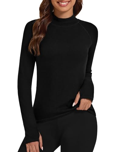 Bonneuitbebe Women's Micro Fleece Lined Thermal Shirts Mock Neck Ribbed Basic Tops Workout Undershirt with Thumb Hole Black