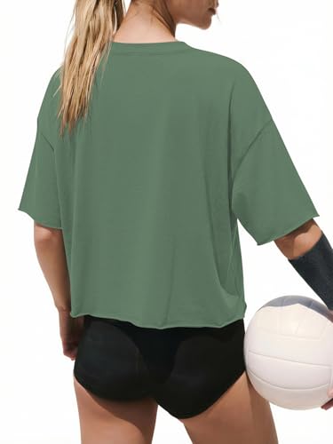 Image of ATHMILE Womens Crop Tops Workout Shirts Gym Oversized Spring Summer Basic Tees Short Sleeve Casual Loose Drop Shoulder 2026