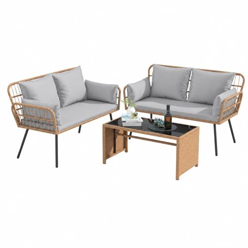 3-Piece Wicker Patio Furniture Set with Cushions, All-Weather Outdoor Rattan Conversation Set with 2 Loveseat & Tempered Glass Table for Garden, Backyard, Porch, Deck, Grey by PeakPursuit - Used condition - CA$289.76