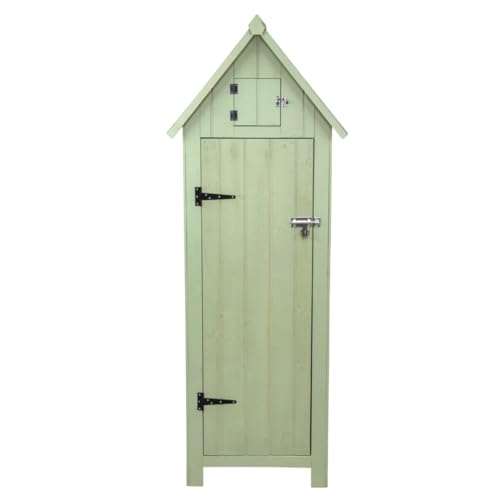 Wooden Garden Storage Shed Green Tool Organiser Cabinet Beach Hut Sentry Box Lockable Doors 3 Corner Shelves 4 Door Hooks Roof Hatch Padlock 4 Keys Ground Fixing Kit Screw Covers Fir Wood Asphalt Roof