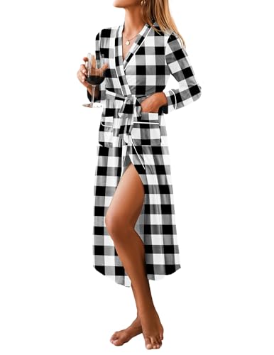 Image of Ekouaer Women Kimono Robes Full Length Knit Bathrobe Lightweight Soft Sleepwear V-neck Casual Ladies Loungewear S-XXL
