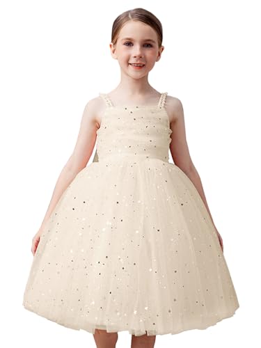 Pearls Sparkle Tulle Flower Girl Dress for Wedding Spaghetti Strap Sleeveless Bow Knot Short Satin Party Tutu Dress