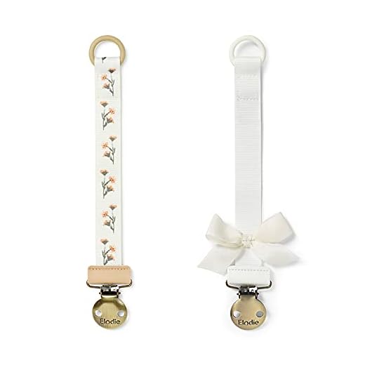 Elodie Details Napphållare 2-pack med Rostfritt Stålklämma för Bebis Pojke och Flicka, Universal Silikonring, Passar alla Nappar - Meadow Flower/Vanilla White