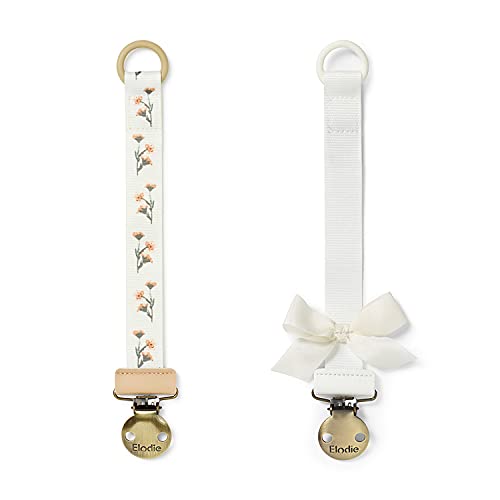 Elodie Details Schnullerkette 2er Pack, aus Stoff und Edelstahl Clip, für Baby Junge und Mädchen, Universal Silikonring, Passend für Alle Schnuller - Vanilla White/Meadow Flower, Weiss