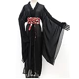 Women's Chinese Hanfu Cloak Sheer Wide Sleeve Open Front Ankle Length Cardigan Flowy Hanfu Robe with Belt (28-Black, M)