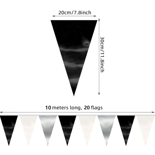 Image of 130FT Black White Silver Triangle Pennant Banner Flag Metallic Fabric Bunting Garland for Christmas Graduation Birthday Wedding Bridal Shower Nautical Ahoy Achor Theme Party Decorations Supplies