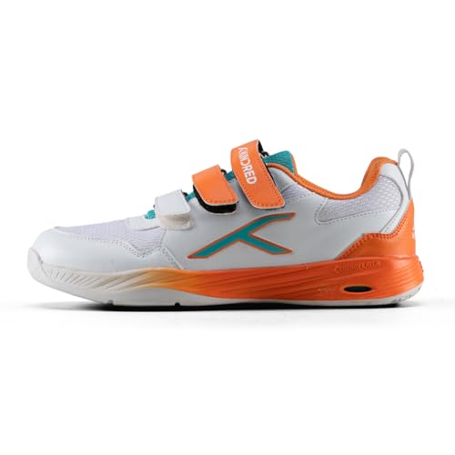 Hundred Court Champions Unisex Non-Marking Court Shoes | Badminton, Pickleball, Table Tennis & Other Indoor Sports | Lightweight, Cushioned Grip (White/Orange/Sea Blue ; UK 5)