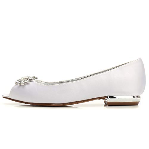 Women Satin Rhinestones Wedding Flat Peep Toe Slip on Formal Party Dress Flat Shoes 5049-302