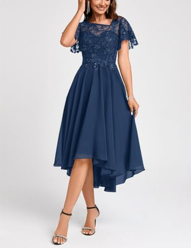 Lace Mother Bride Dresses Tea Length Chiffon Formal Dress Asymmetrical Cocktail Party Gowns with Ruffle Short Sleeve RO644
