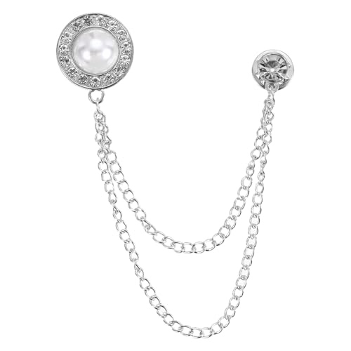 PATIKIL Gem Chain Brooch Pins, Hanging Chain Brooch Suit Pin Tassel Round Pearl Badge Lapel Collar Pins for Women Men Shirts Tuxedo Scarf, Silver Tone(White)