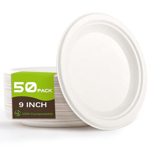 Yidaxing Einwegteller 50 Stück, Pappteller Biologisch Abbaubar Partygeschirr Einweggeschirr Kuchenteller, Rund Einweg Teller für Party Camping Feiern Feste Picknick (Weiß 22.8CM)