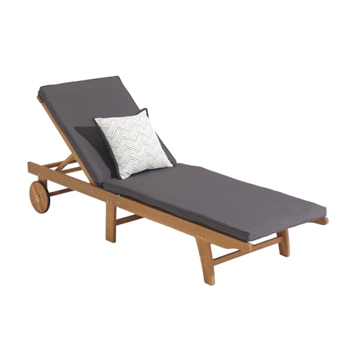 Image of Patiorama Patio Acacia Wood Chaise Lounge Chair, Pool Chair, Dark Grey | Foldable Lounge Chair Recliner with Adjustable Backrest, Wheels,Padded Cushion Portable Sun Lounger for Pool, Deck, Lawn