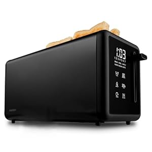 MEDION Broodrooster voor 4 sneetjes met broodjesopzet (7 bruiningsniveaus, 5 programma’s, 1.450 W, 2 lange sleuven, ontdooien, opwarmen, mat RVS, MD12103) zwart