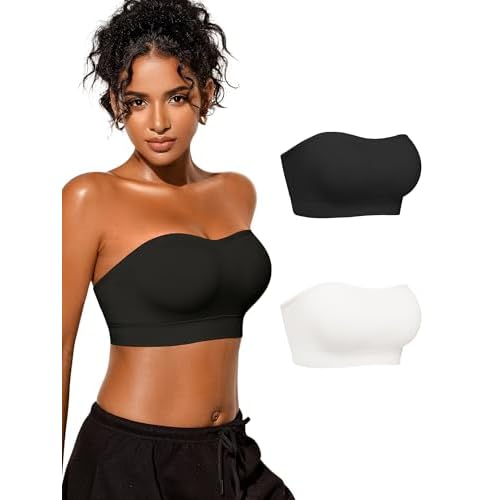 Strapless Bras for Women, S-XL, Non-Slip Silicone Padded Bandeau Bra with Free Clear Strap, Wireless Tube Top Bralette Black+white Large