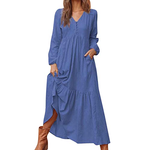 Vestido largo de lino y algodón para mujer, manga larga, cuello en V, con botones, vintage, ajuste holgado, casual, vacaciones, color sólido, vestido largo retro, azul oscuro, XXL