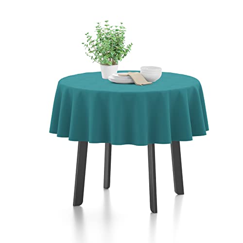 Image of Encasa XO Dining Table Cover Cloth for 4 Seater | 140 cm-Round Cotton Canvas Round Table Cloth | Machine Washable Tablecloth for Indoor & Outdoor Use - Azul Blue Solid Color