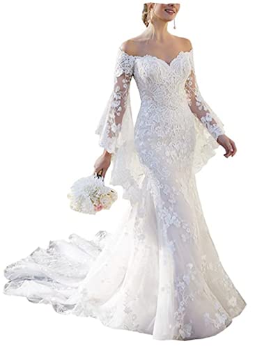 Snow Lotus Vestido de novia de manga larga con hombros descubiertos para mujer, Style1-ivory, 44 Cover