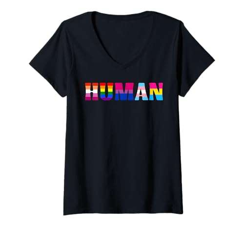 Mujer HUMAN Rainbow Pride Queer Lesbianas Gay CSD Fiesta Wear LGBT Camiseta Cuello V