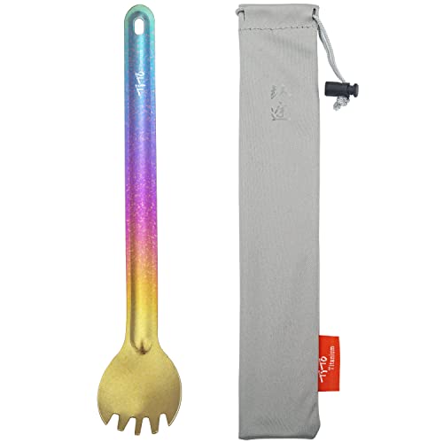 TiTo Titanium Long Handle Spork 217MM Lightweight Portable Flatware Spoon Fork for Outdoor Travel Hiking Camping Backpacking with Storage Pouch (Bright-Colorful)