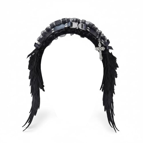 ボズとガルヤ パンク 髪飾り ヘッドドレス 地雷系 ゴシック風 ベルト リベット 天使の羽 翼 ヘアアクセサリー 小悪魔 蝶結び クロス柄 十字架 暗黒系 原宿風 ロリィタ イベント 茶話会 ハロウィン 仮装 (A)