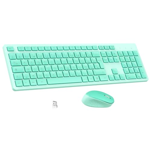 LeadsaiL Ensemble Clavier et Souris sans Fil, Ultra Mince and Silencieux Clavier AZERTY Français Pleine Taille 2.4G avec Récepteur USB pour PC, Ordinateur Portable, Windows, Mac-Vert Menthe