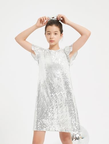 EXARUS Girls Sparkly Dresses Ruffle Sleeve Glitter Sequin Crew Neck A-Line/Bodycon/Tunic Dress for Girl 6-14Y2