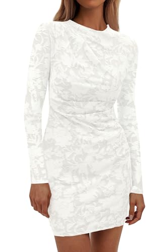 PRETTYGARDEN Women's Fall Bodycon Dresses 2025 Sexy Long Sleeve Ruched Lace Floral Mini Party Dress Tight Club Outfits