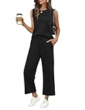 Ekouaer Womens Two Piece Sets Casual Travel Vacation Outfits Wide Leg Cropped Pants Cap Sleeveless Top Lounge Set Tracksuit Black Large