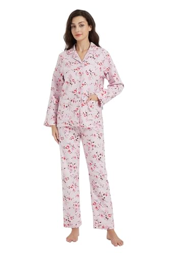 GLOBAL Pyjamas for Women Flannel Cotton Sleepwear long Ladies Pyjamas Sets Button Down Loungewear Pink Flowers 3XL