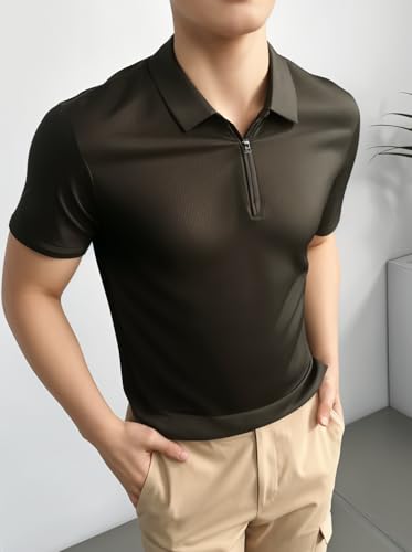 Image of Mack Jonney Ribbed |Regular Fit | Half Sleeves 100% Cotton Polo Neck Self Design with Zip T-Shirt for Men-M826