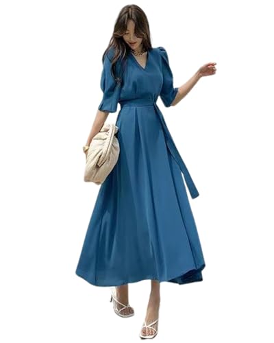 [Collecala] 高見せ ハイウエストドレス レディース ロング タック半袖 パフスリーブ リボンベルト 着痩せ 体型カバー おしゃれ Vネック女子会 デート お出かけ夏礼服のサムネイル