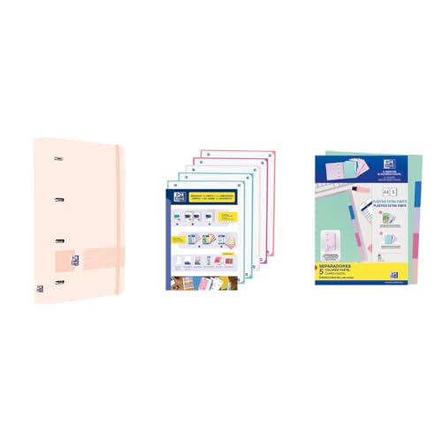 Oxford, Pack Archivador Live & Go A4+ 4 Anillas, Plástico Polyfoam, Incluye Recambio con 5 Bandas Color Cuadrícula 5x5 y Separadores de Plástico, Color Rosa Pastel