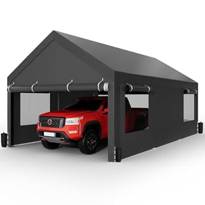 Shintenchi Carport 12' x 20' Heavy Duty Portable Garage, Carport Canopy with Side-Opening Door & Roll-Up Windows, Car Canopy for Truck,Car,Boat,Grey