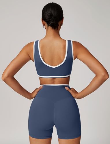 ABOCIW Workout Sets for Women Color Block Sports Bra Crossover Waist Shorts 2 Piece Gym Yoga Pilates Outfits2