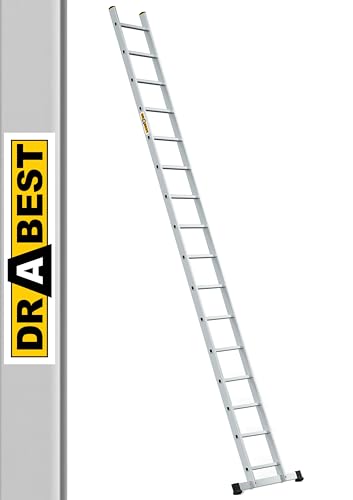 DRABEST PRO Serie Anlegeleiter Aluminium-Stufenleiter - 16 Stufen - mit Leiterhaken - Tragfähigkeit 150 kg - Anti-Rutsch-Füße, Leichtes Gewicht, korrosionsbeständig - EN131