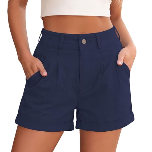 PRETTYGARDEN High Waisted Shorts Women 2026 Summer Business Casual Trousers Pleated Tailored Cuffed Bottoms with Pockets(Navy Blue,XX-Large)