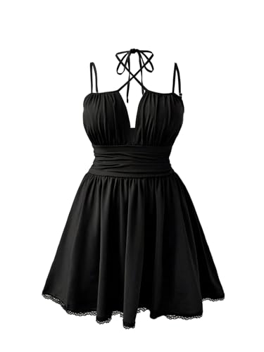 Verdusa Women's Plus Size Criss Cross Halter Dress Sleeveless High Waisted Ruffle Short Dresses