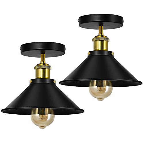Luces de techo vintage para sala de estar, lámpara de techo industrial de metal negro, E27 para cocina, dormitorio, paquete de 2 Cover