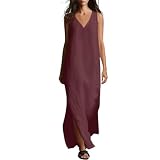 Vestidos Verano Mujer Vestidos Casual 2026 Cuello En V Tirantes Elegantes Algodón Y Lino Frescos Vestido Largo sin Mangas Transpirable Ligero Boho Fiesta Playa Vacaciones