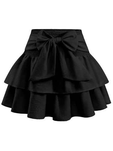 Timormode Women's Girls Bow Mini Skirt Flowy High Waisted Ruffle Hem Short Skirts Cute Boho A-Line Layered Skater Skirt TMS8005 Black S