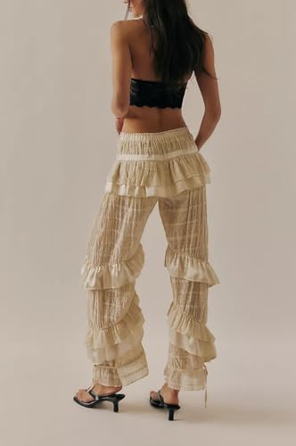 UAURORAO Women Layered Ruffle Long Bloomers Elastic Mid Rise Tiered Ruffled Bloomer Pants Lace Victorian Pantaloons2