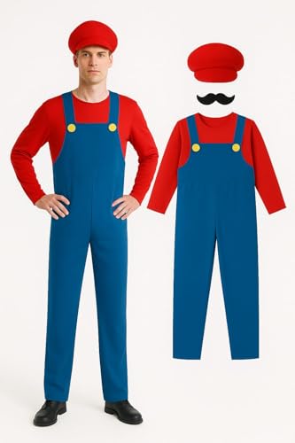 SJ essentials Costume de cosplay rouge pour adultes – Body unisexe avec chapeau, casquette, gants, moustache – Accessoires de tenue de style grenouillère pour fêtes, événements à thème et cosplay