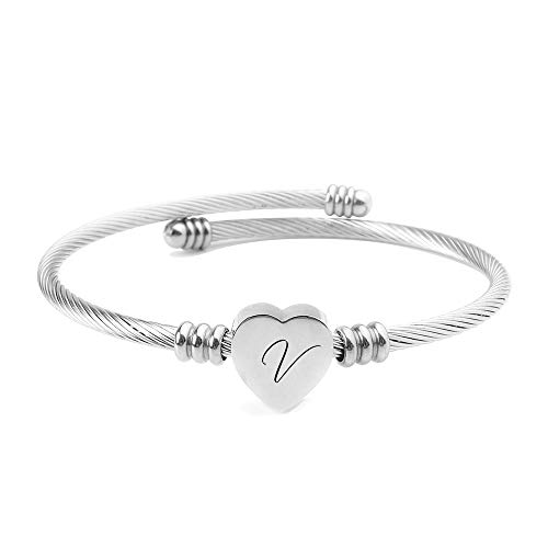 ShopINess Pulseira de coração com inicial A-Z cor prata para mulher, pulseira aberta ajustável, jóias presente para filha, mãe, amigos, casal, ideal para aniversários, Natal e ocasiões especiais