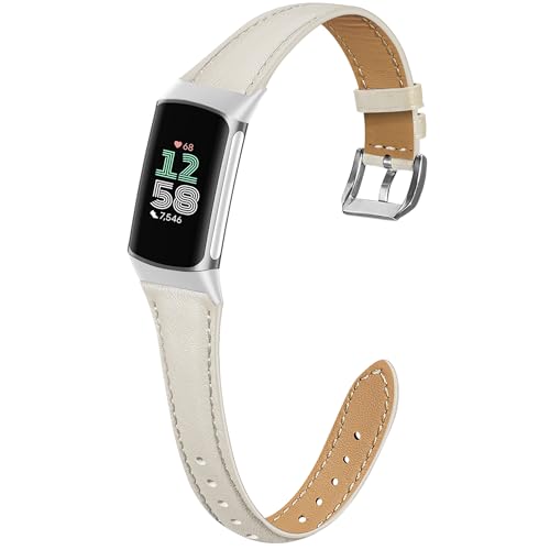 Laband Correa de piel auténtica compatible con Fitbit Charge 6/Charge 5, correa de repuesto de piel deportiva suave y ajustable para hombre y mujer, Cuero