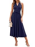 Sureple Navy Dress for Women 2026 Midi Length Halter Tie Back V Neck Pleated Cotton Maxi Dress with Pockets（SP646-Navy Blue-S）