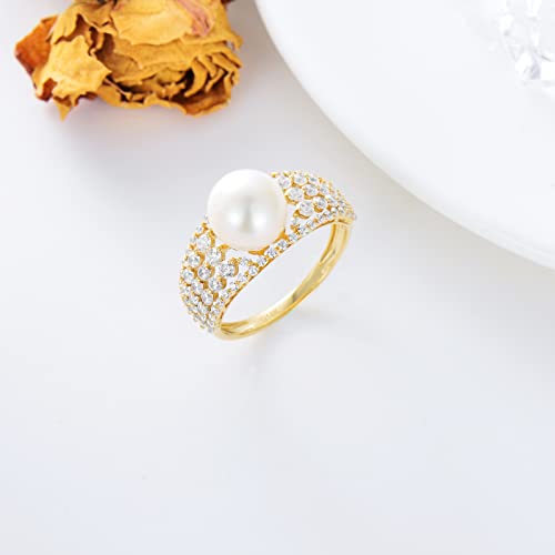 SISGEM Solid 14K Gold 9MM Freshwater Pearl Wedding Ring for Women,Yellow Gold 5A CZ Pearl Engagement Ring/Wedding Anniversary Birthday Gifts for Her,Size 5-114