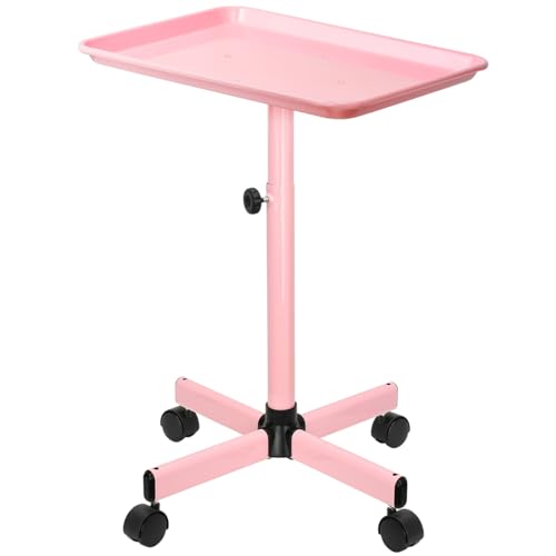 FLOLXNB Salon Tray, Hair Color Tray with Wheels, Premium Aluminum Beauty SPA Tray, Hairstylist Tray, Tattoo Tray, Height Adjustable Salon Service Tray, Pink Rolling Tray