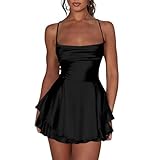 JWNYJFB Vestido corto sexy de satén para mujer, con espalda descubierta, cuello redondo, tirantes cruzados, color liso, Negro -, M